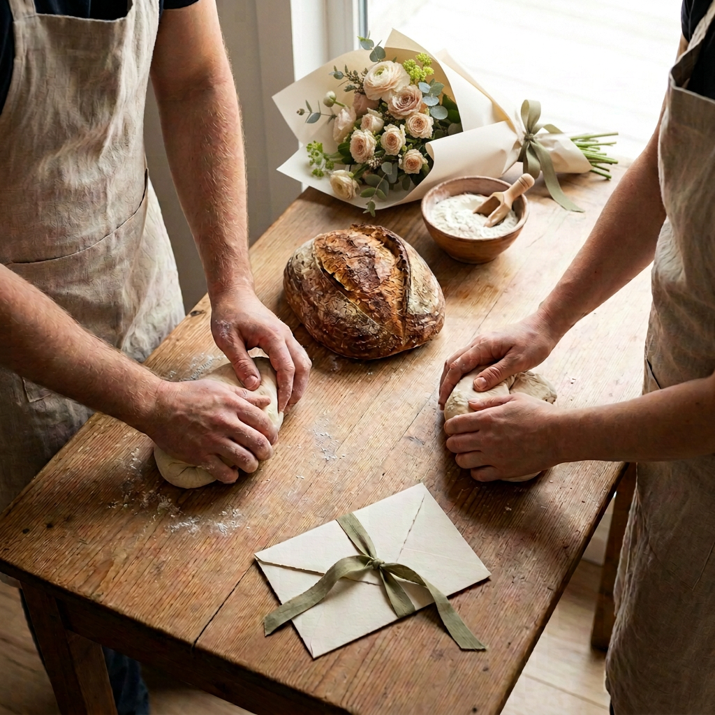 Baking experience for two with a paper wrapped fresh flower bouquet