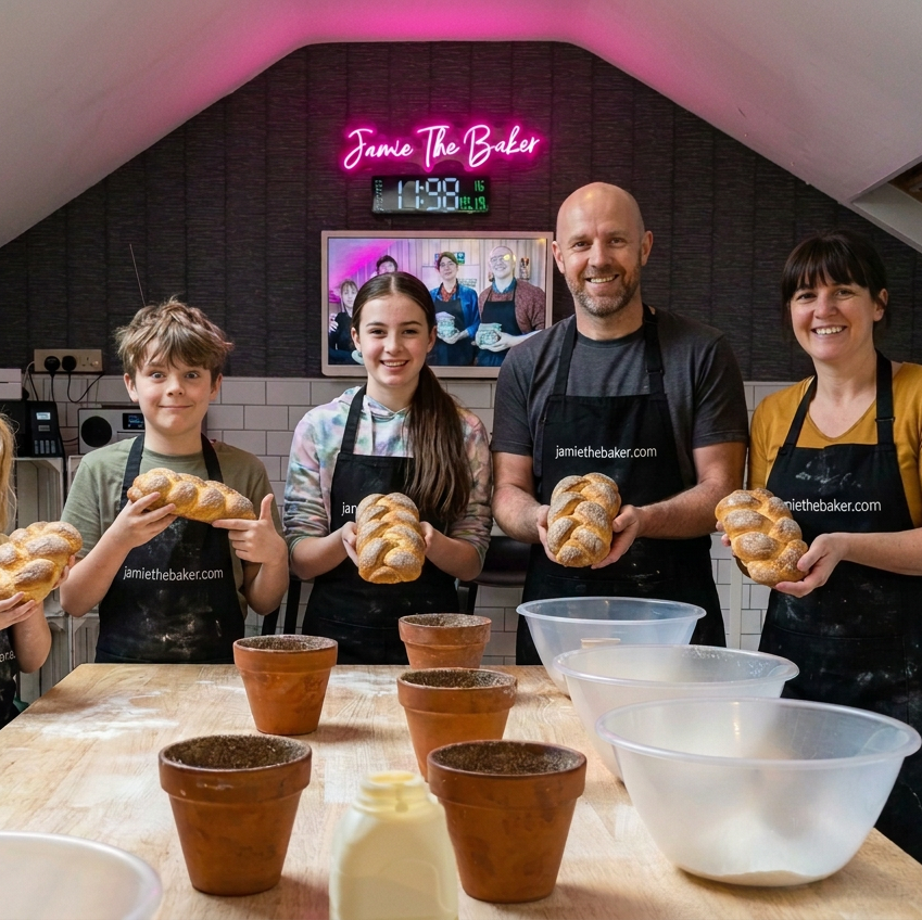 The family with the young boy cheekily pointing at his own plaited loaf