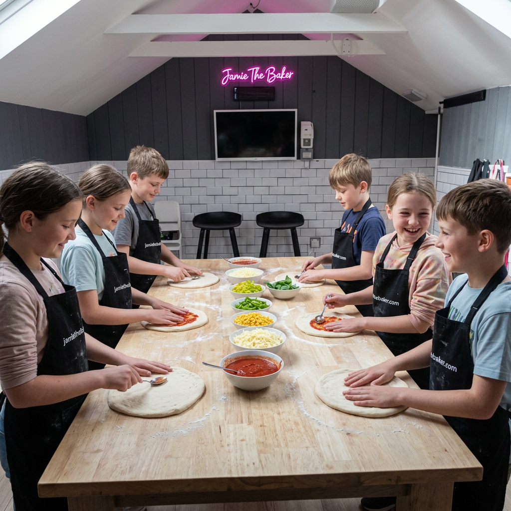 Kids’ pizza club with seven children shaping and topping pizzas in Jamie the Baker’s studio