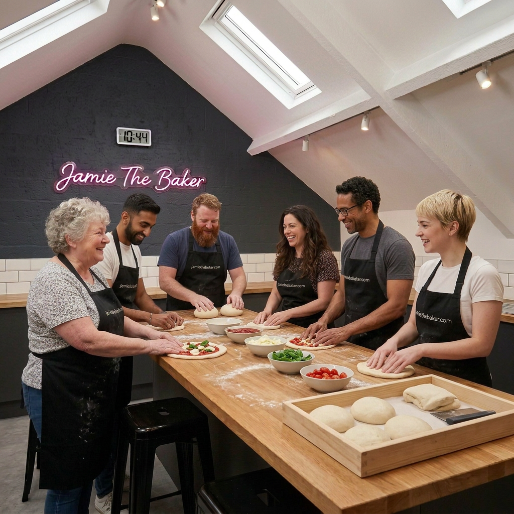 Six people making pizza at an Italian cooking night in Jamie the Baker’s studio based in Llansteffan