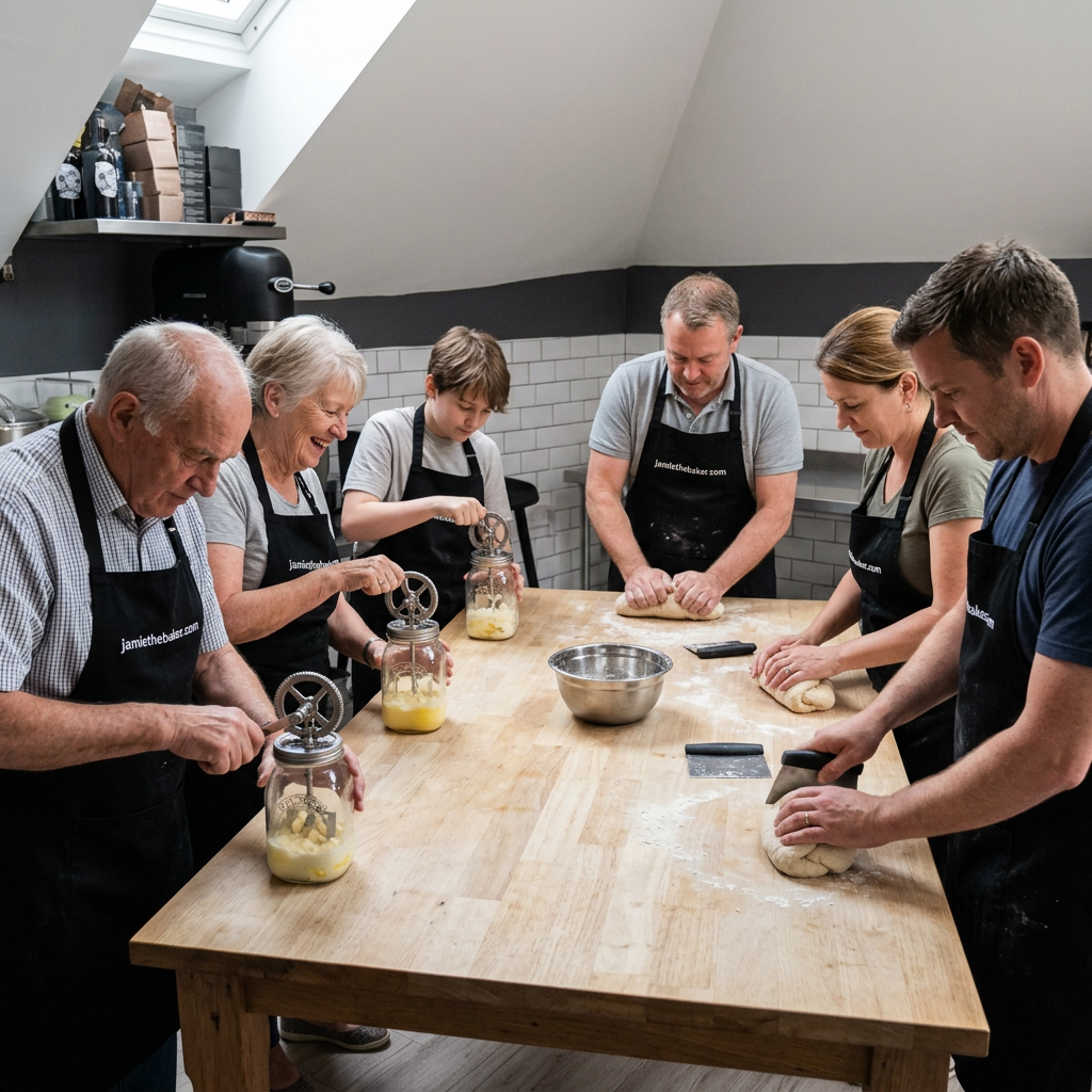 Bread and butter workshop using your studio angle, with adults using glass hand cranked butter churners