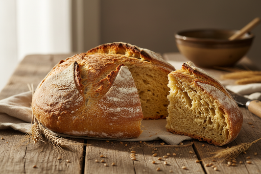 Einkorn bread on wooden table