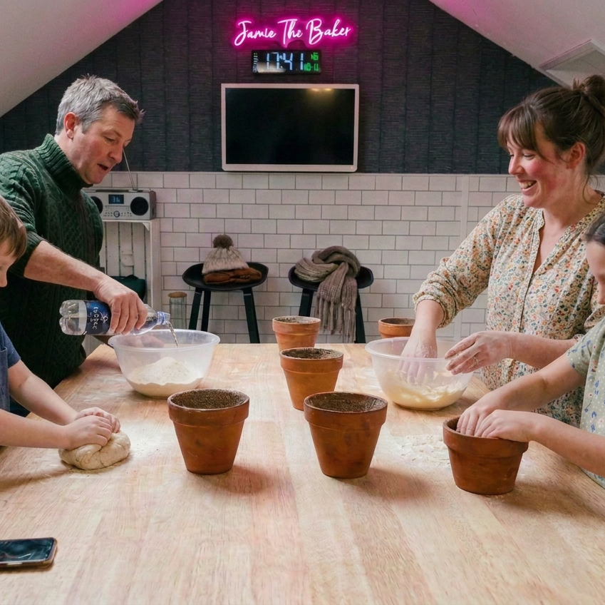 Family bake with warm candid smiles, nobody posing for the camera