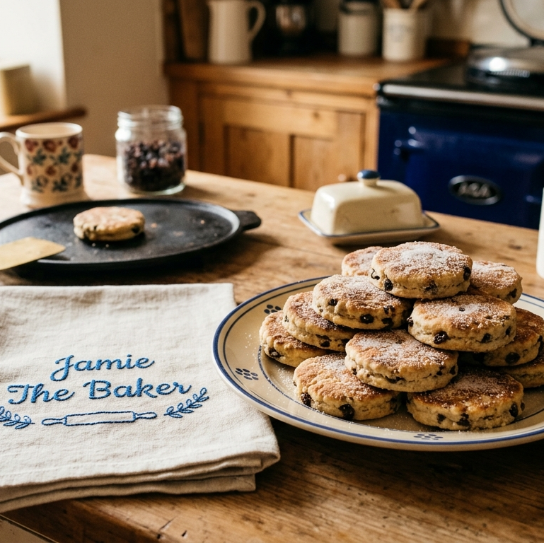 A rustic kitchen scene with a plate of chocolate chip cookies on a wooden table, a beige cloth napkin embroidered with the words 'Jamie The Baker' in blue, a cast iron skillet with a cookie on it, mugs, butter, and other kitchen items in the background.