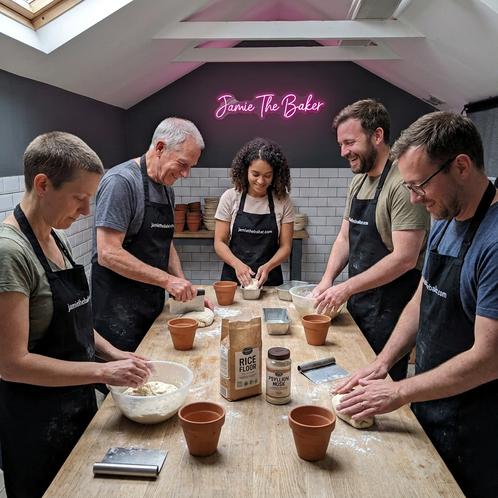 Gluten free bread class with Jamie The Baker neon sign and small empty terracotta flower pots