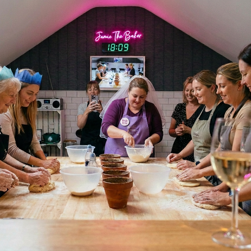 Hen party baking scene with the clock requested to display 18:09