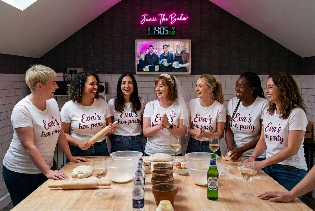 Hen party baking scene with three wine glasses and a bottle of Peroni on the table