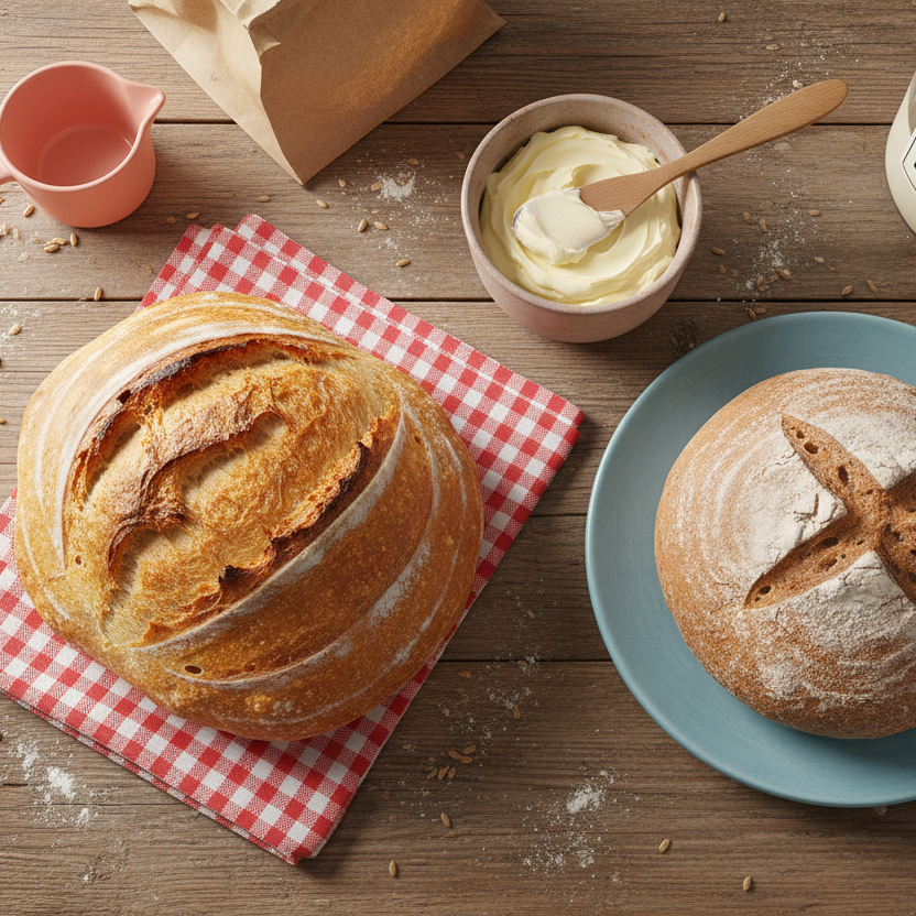Sourdough loaf, soda bread, homemade butter and buttermilk on a rustic wooden table