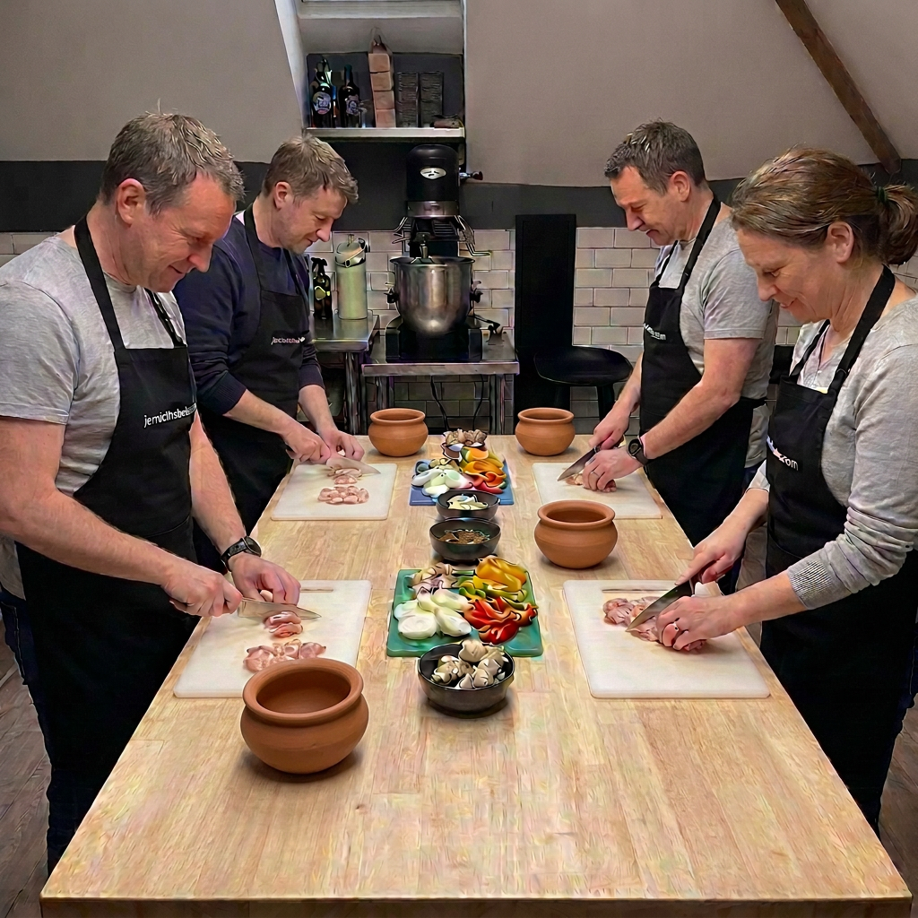 Indian cooking class with one matching small clay pot beside each of the four participants