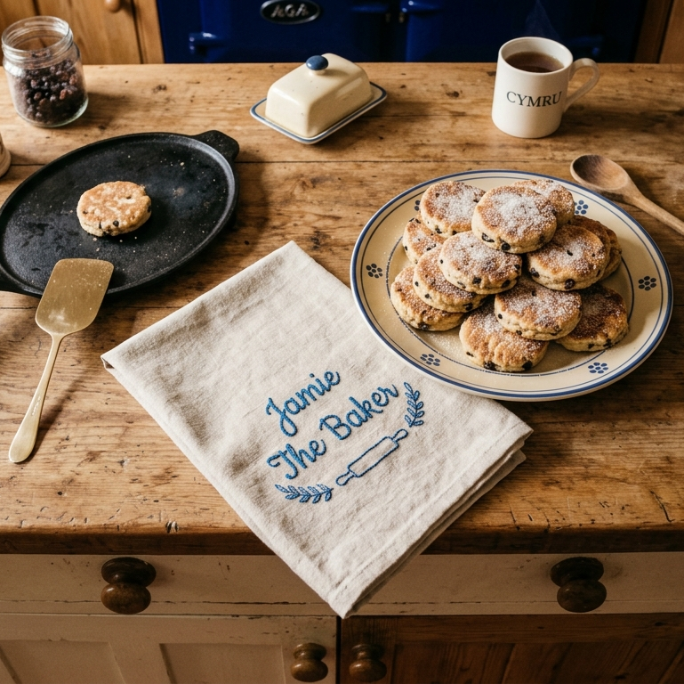 A rustic kitchen scene with a wooden countertop holding a plate of powdered pastries, a black skillet with a small pastry, a cloth napkin embroidered 'Jamie The Baker', mugs, a butter dish, and wooden utensils.