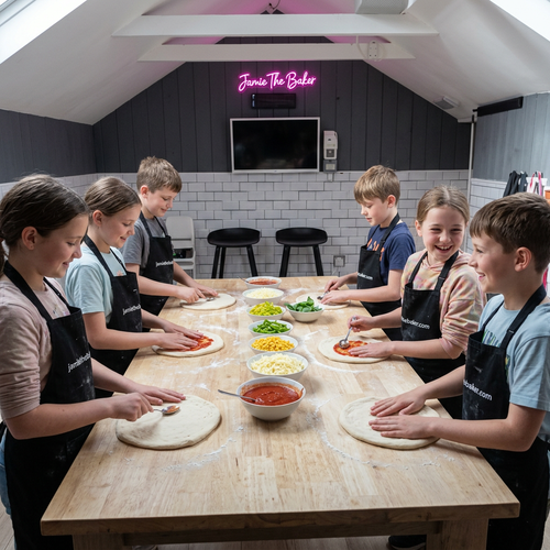 Kids’ pizza club with seven children shaping and topping pizzas in Jamie the Baker’s studio