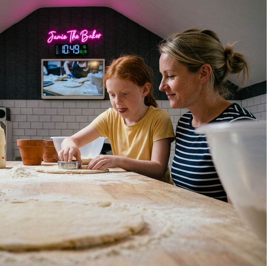 Mum and daughter cutting shapes from rolled dough, low side angle