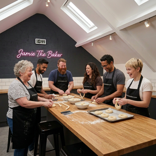 Six different people laughing together while shaping bagels in Jamie the Baker’s studio