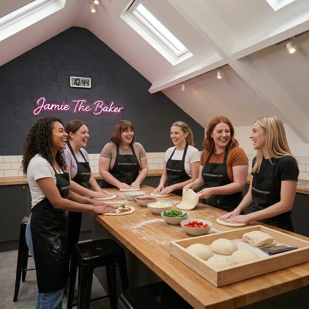 Six young adult women laughing and making pizza in Jamie the Baker’s studio