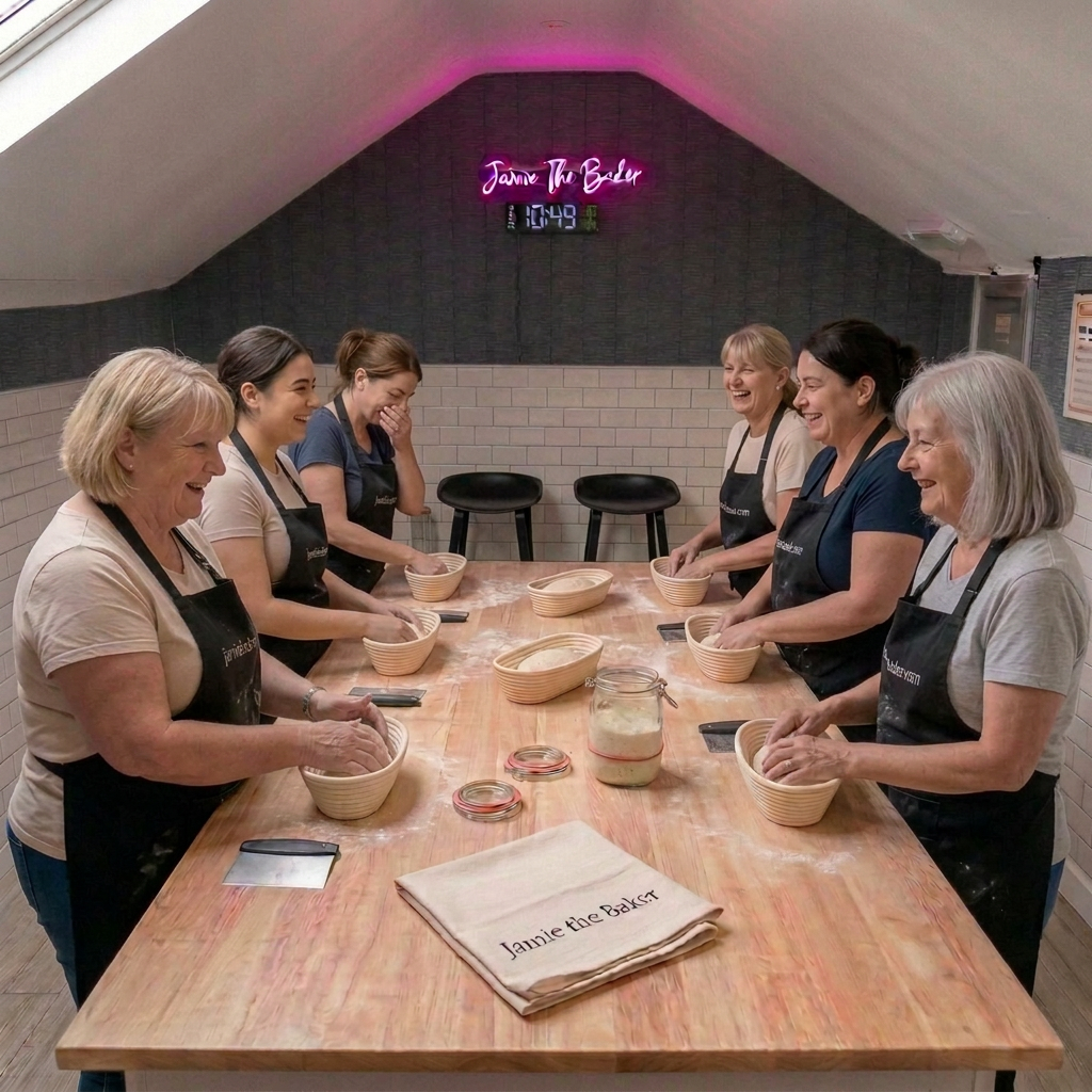 Sourdough class image with clearer pink Jamie The Baker neon lettering