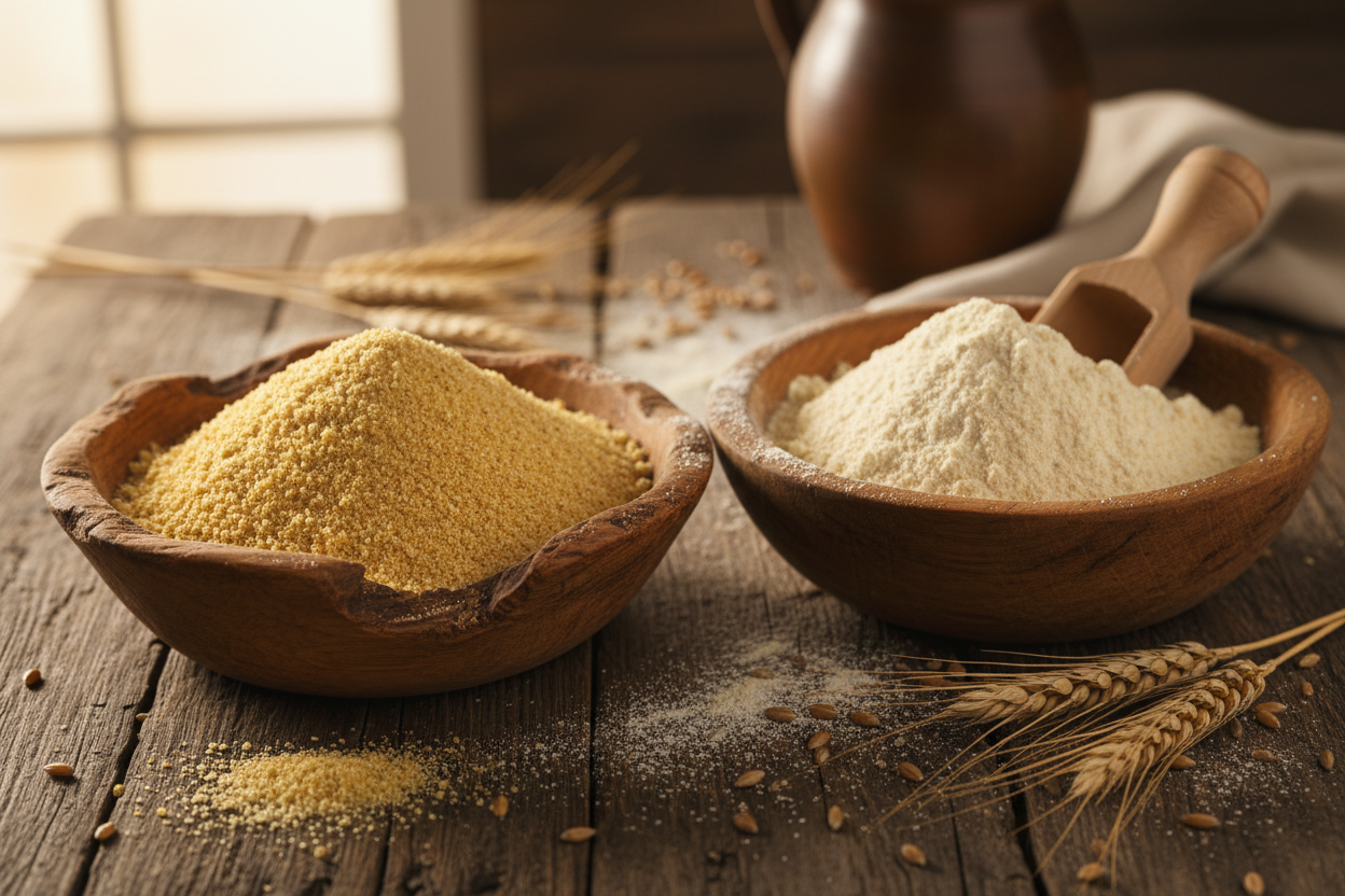 Spelt and Einkorn flour in wooden bowls
