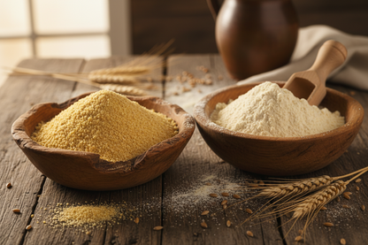 Spelt and Einkorn flour in wooden bowls