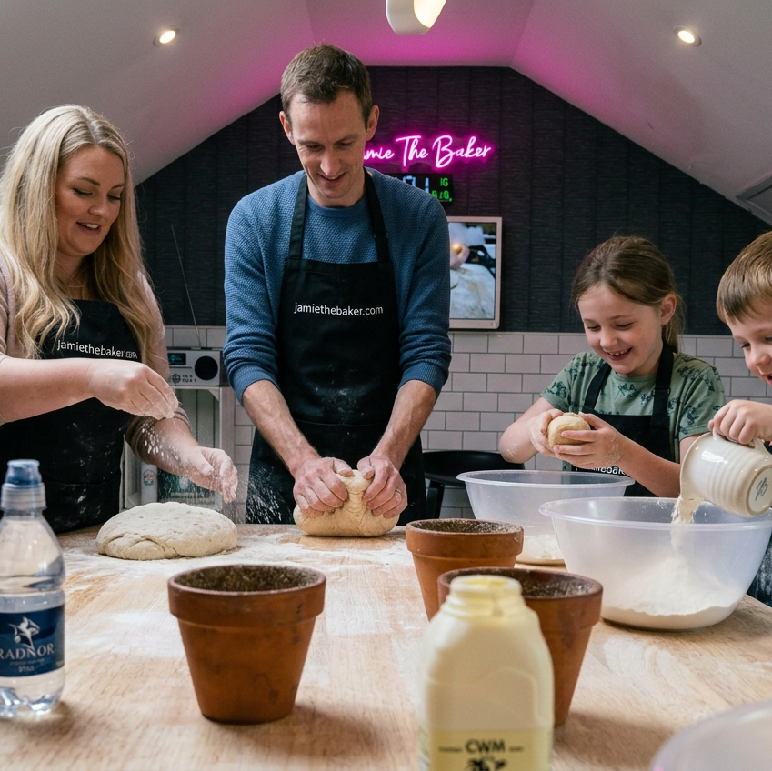 The same family now all wearing black jamiethebaker.com aprons