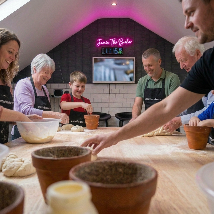 The tutor reaching across the table, face partly out of frame, realistic focus blur on him and the nearest bakers